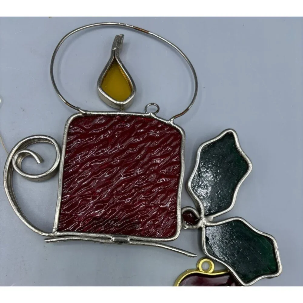Vtg 8 Pc Christmas Stained Glass Ornaments Snowman Angel Santa‎ Wreath